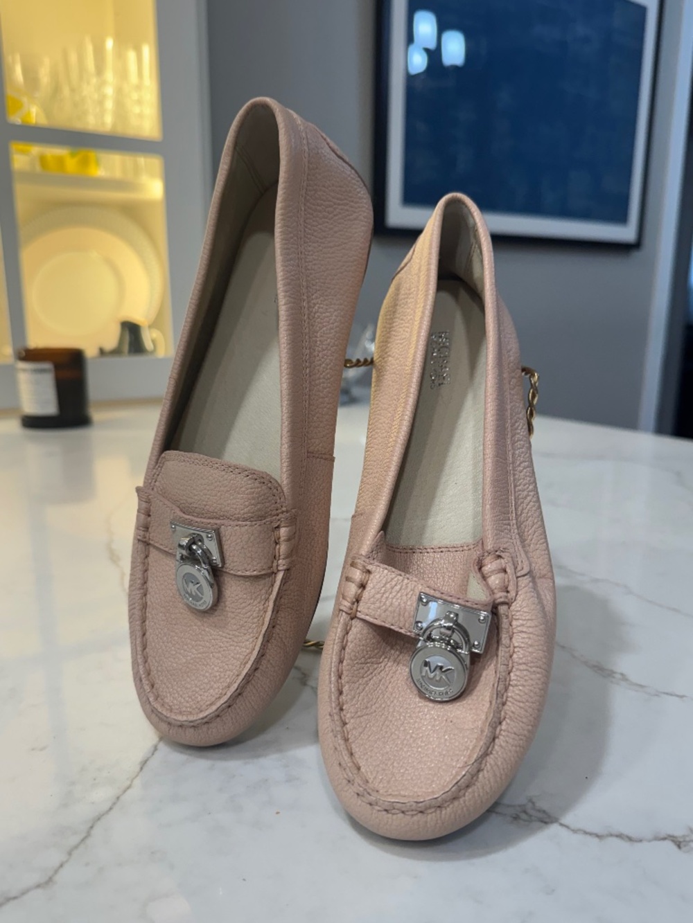 Michael Kors Pale Pink Leather Loafers Size 8 | MK Logo Slip-On Flats